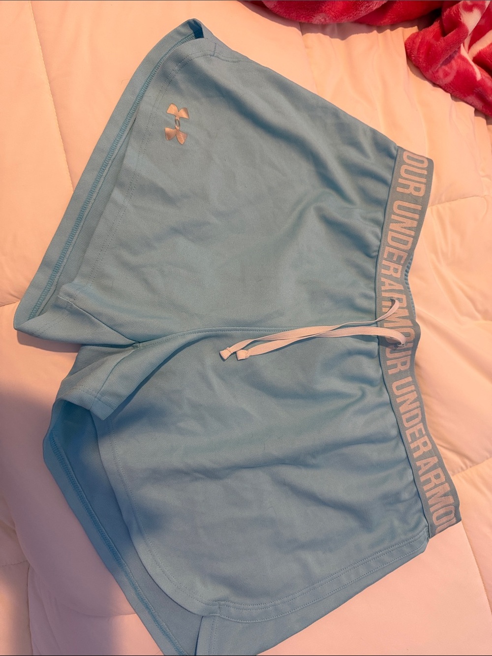 Under Armour Women’s Sky Blue Athletic Shorts with Logo Waistband